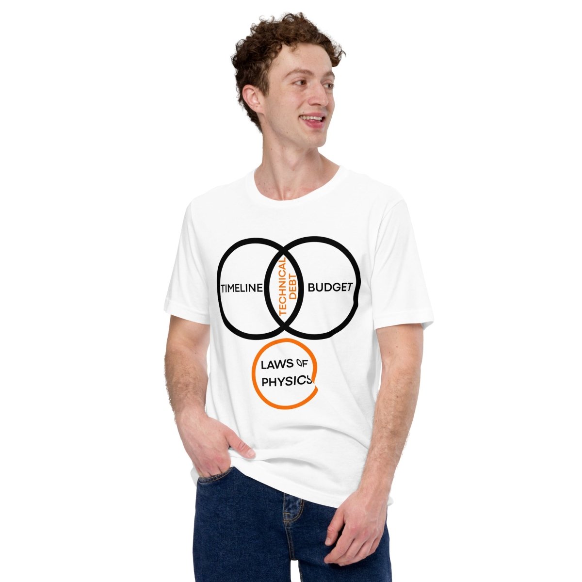 Man in white t-shirt featuring a project management Venn diagram about technical debt and physics.