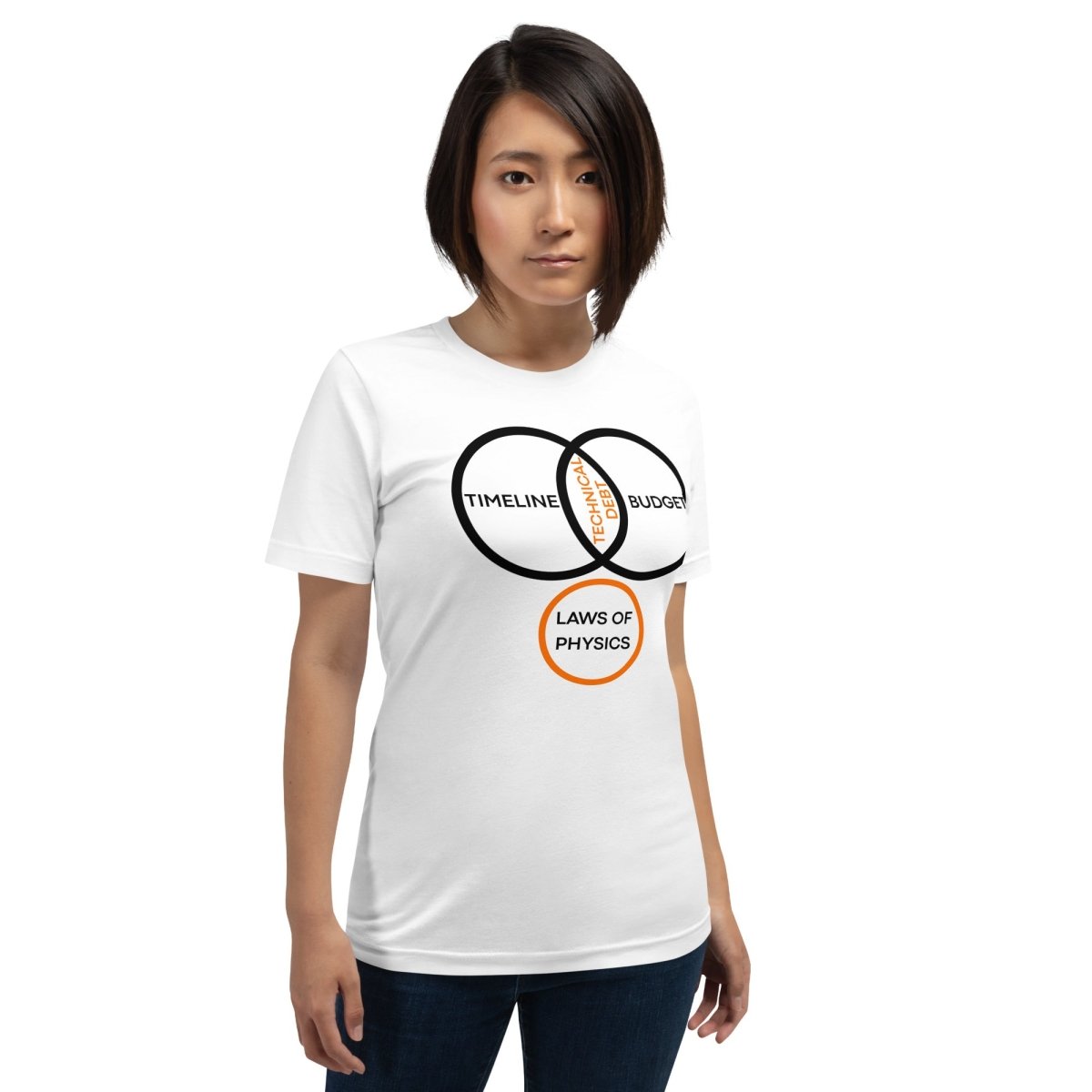 Woman in white t-shirt featuring a project management Venn diagram about technical debt and physics.
