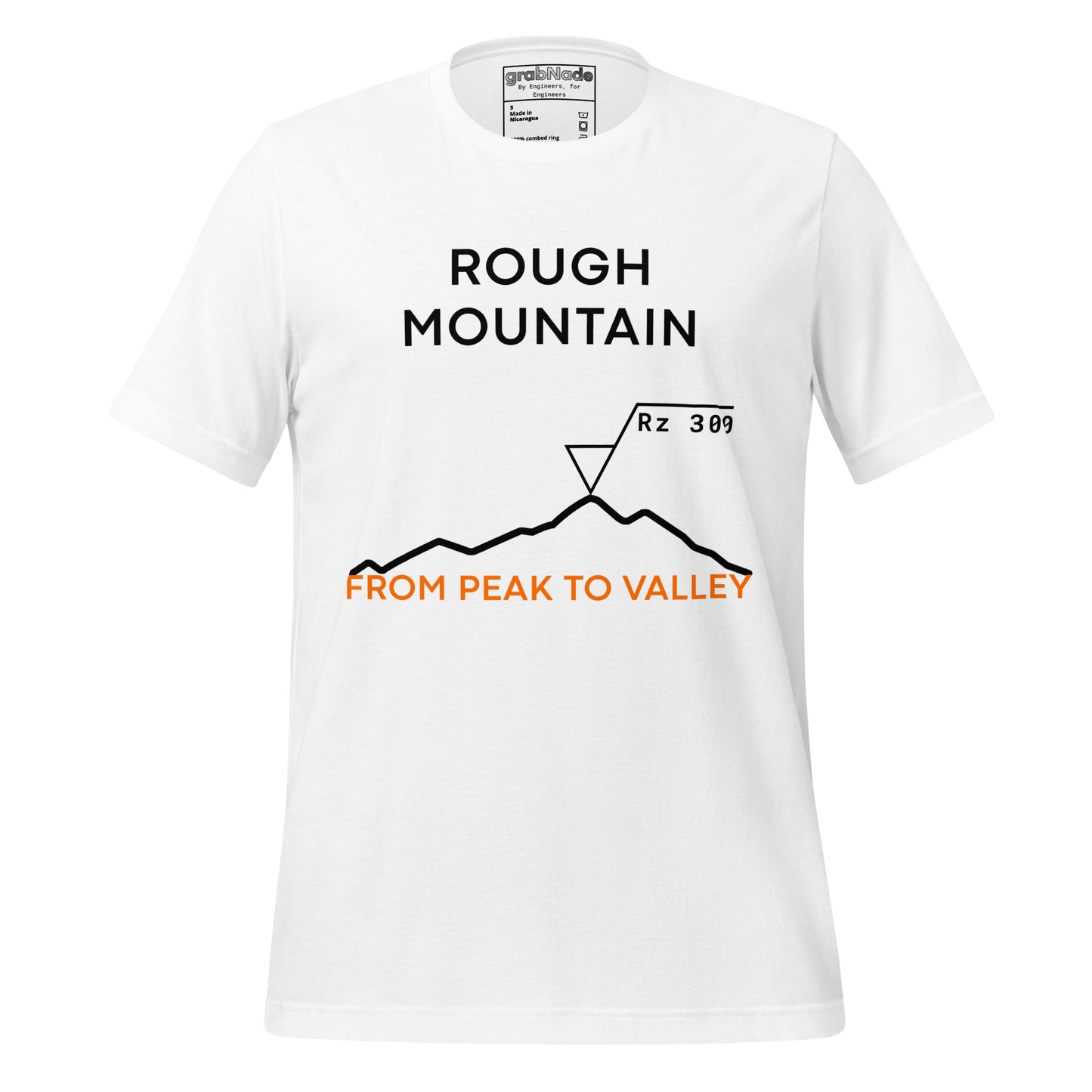 White t-shirt featuring an Rz 300 surface profile mountain graphic and "Peak to Valley" text.