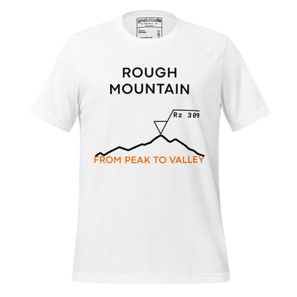 White t-shirt featuring an Rz 300 surface profile mountain graphic and "Peak to Valley" text.