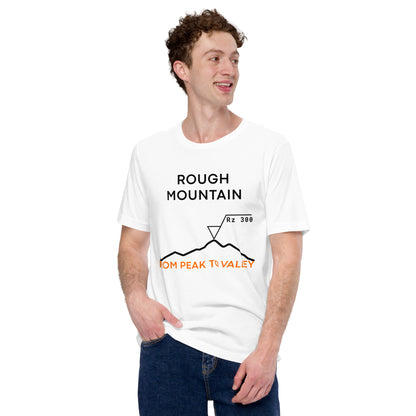 Man in white tee featuring an Rz 300 surface profile mountain graphic and "Peak to Valley" text.
