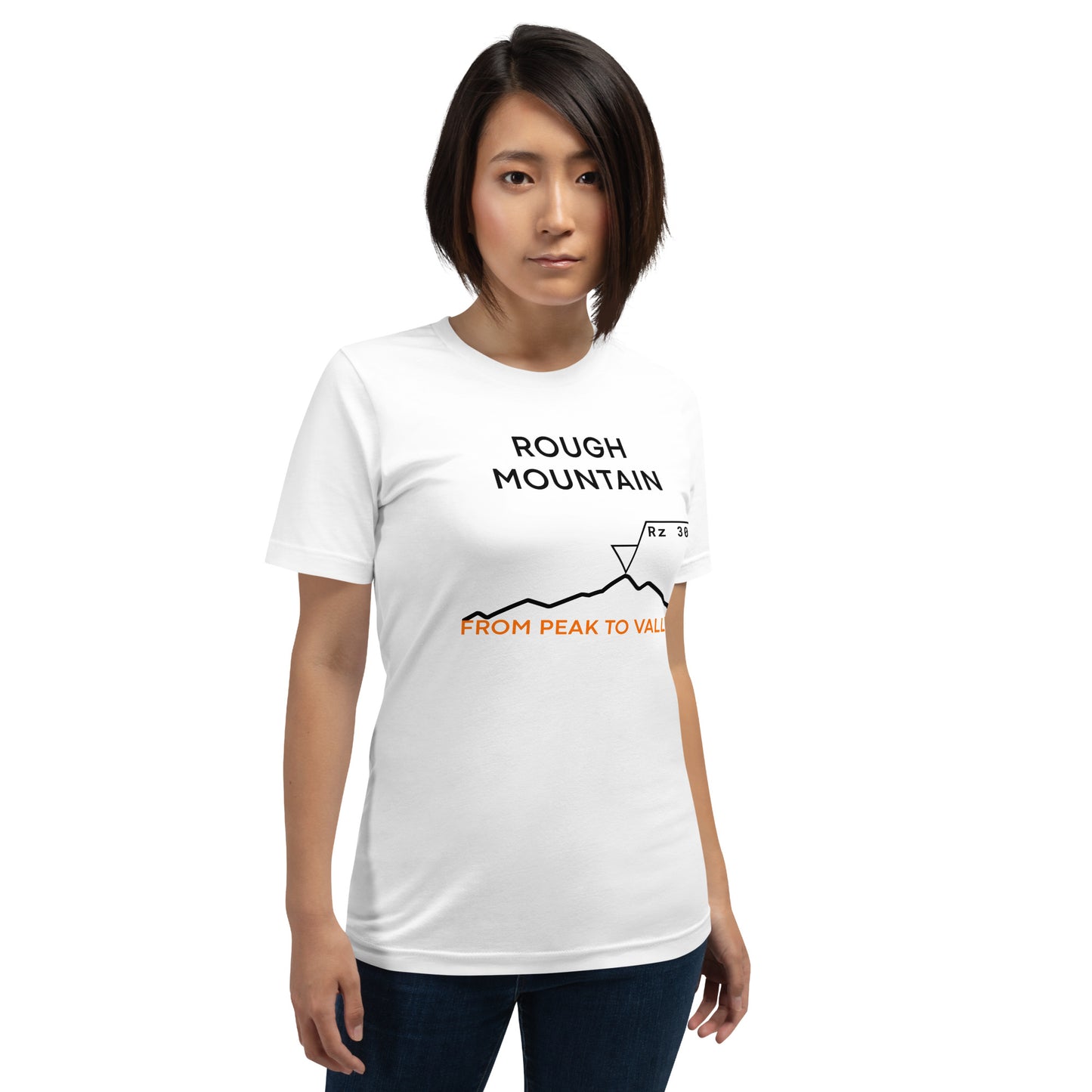Woman in white tee featuring an Rz 300 surface profile mountain graphic and "Peak to Valley" text.