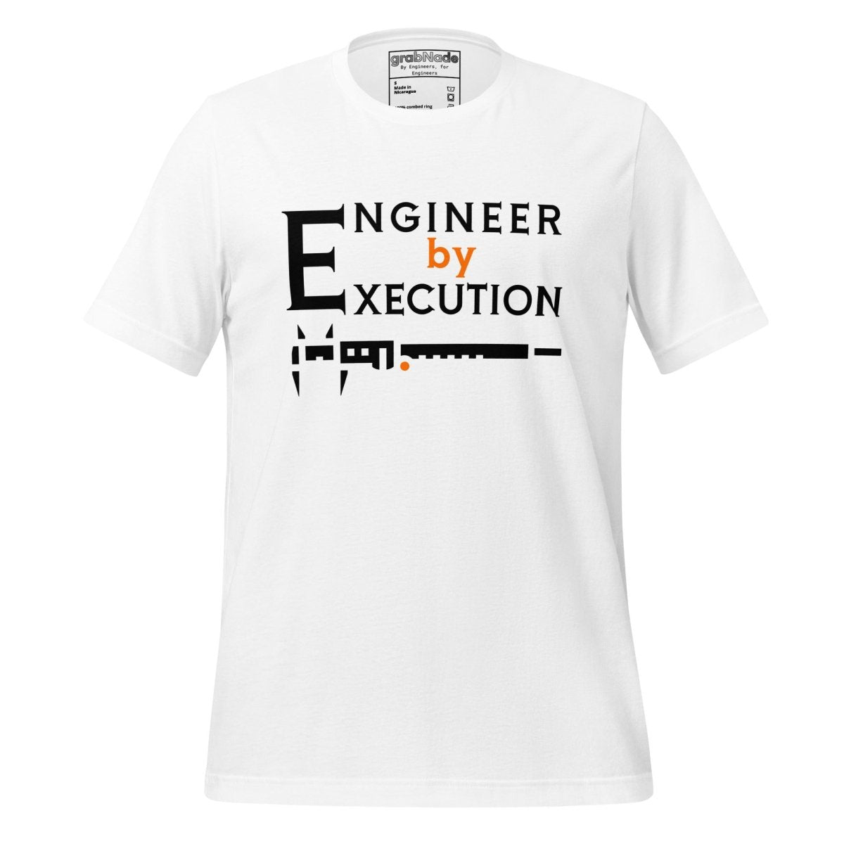 White premium Combed ring-spun cotton t-shirt with “Engineer by Execution” text with a caliper.