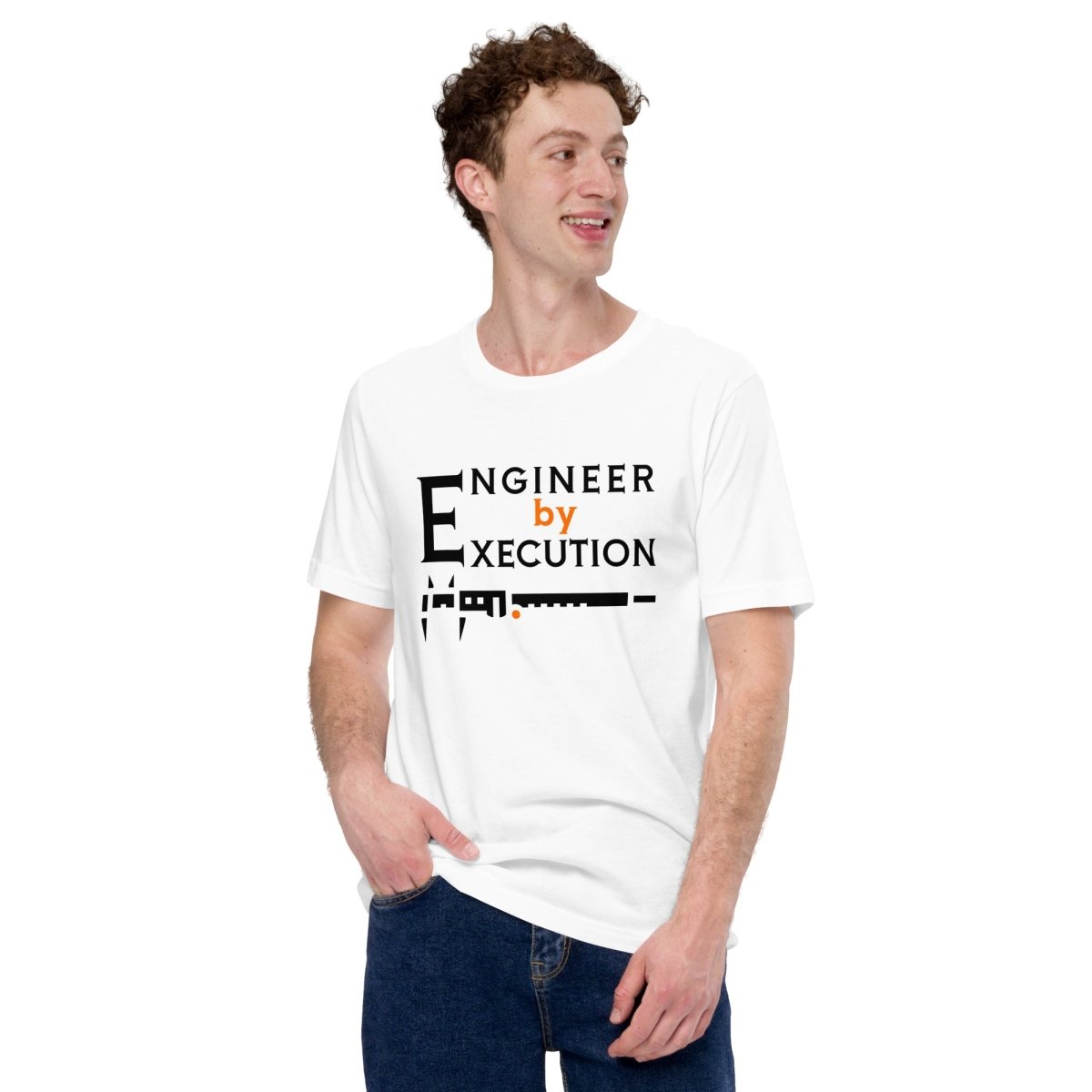 Man in white premium Combed ring-spun cotton tee with “Engineer by Execution” text with a caliper.