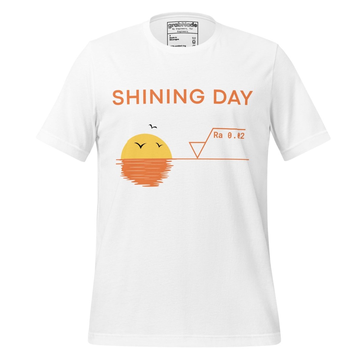 White t-shirt featuring an Ra0.02 surface finish symbol on a geometric sunset horizon line.
