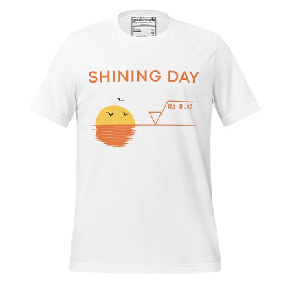 White t-shirt featuring an Ra0.02 surface finish symbol on a geometric sunset horizon line.