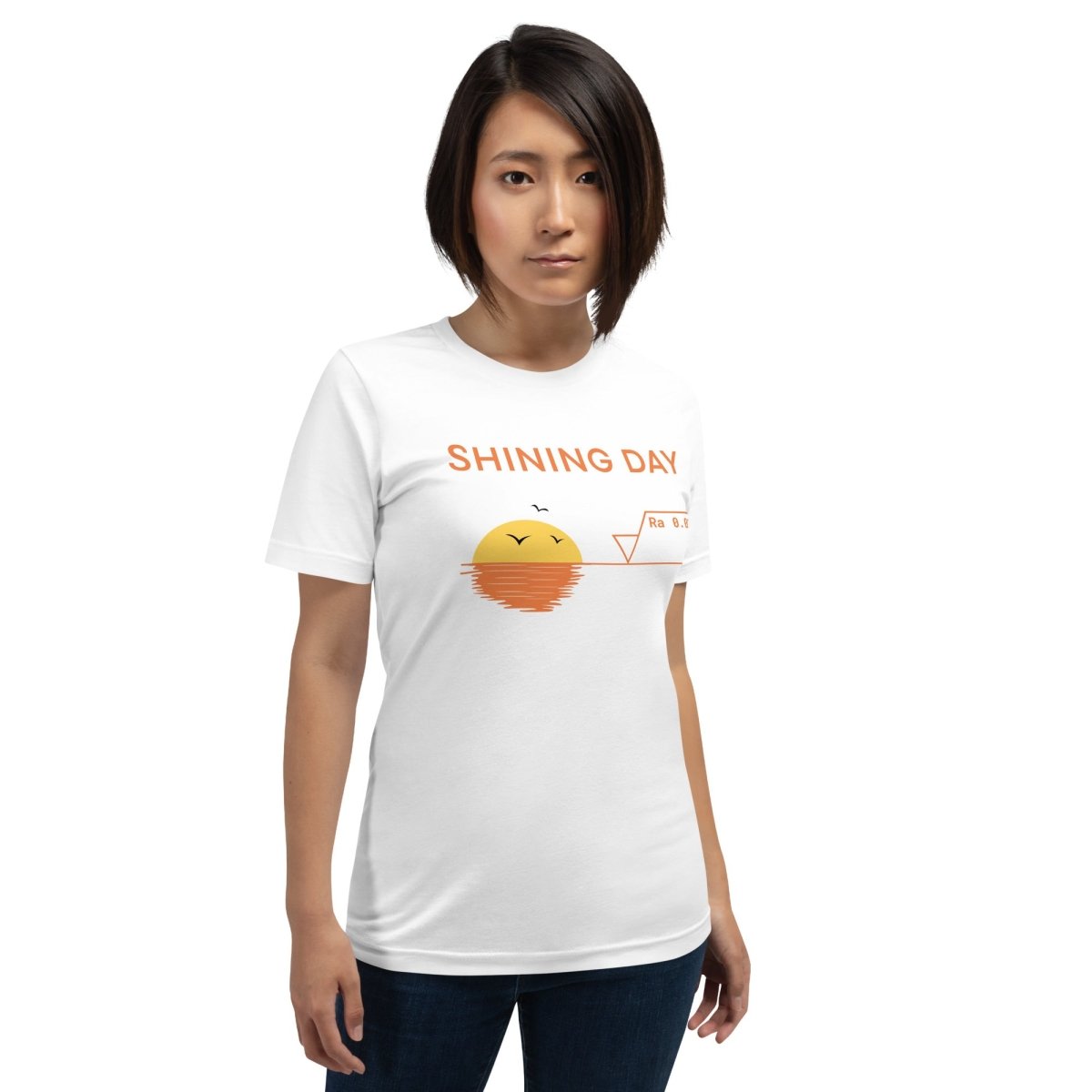 Woman in white tee featuring an Ra0.02 surface finish symbol on a geometric sunset horizon line.
