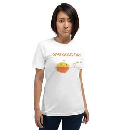 Woman in white tee featuring an Ra0.02 surface finish symbol on a geometric sunset horizon line.