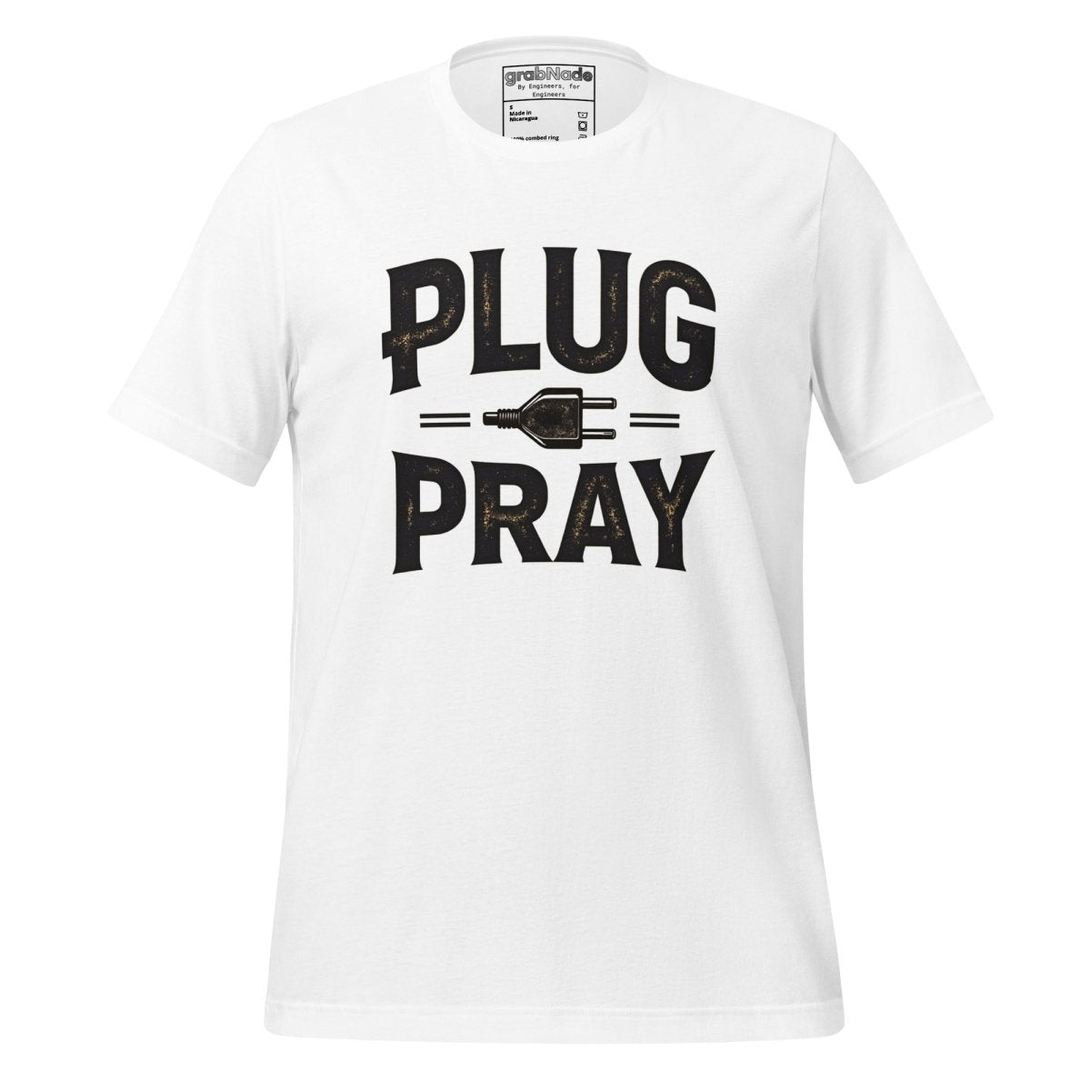 White T-shirt with ‘Plug Pray’ text and plug icon for electrical engineers