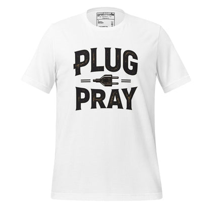 White T-shirt with ‘Plug Pray’ text and plug icon for electrical engineers