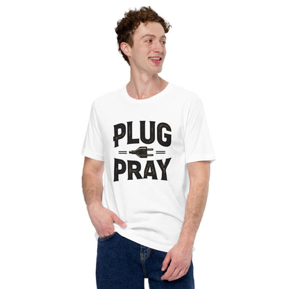 Man in white T-shirt with ‘Plug Pray’ text and plug icon for electrical engineers