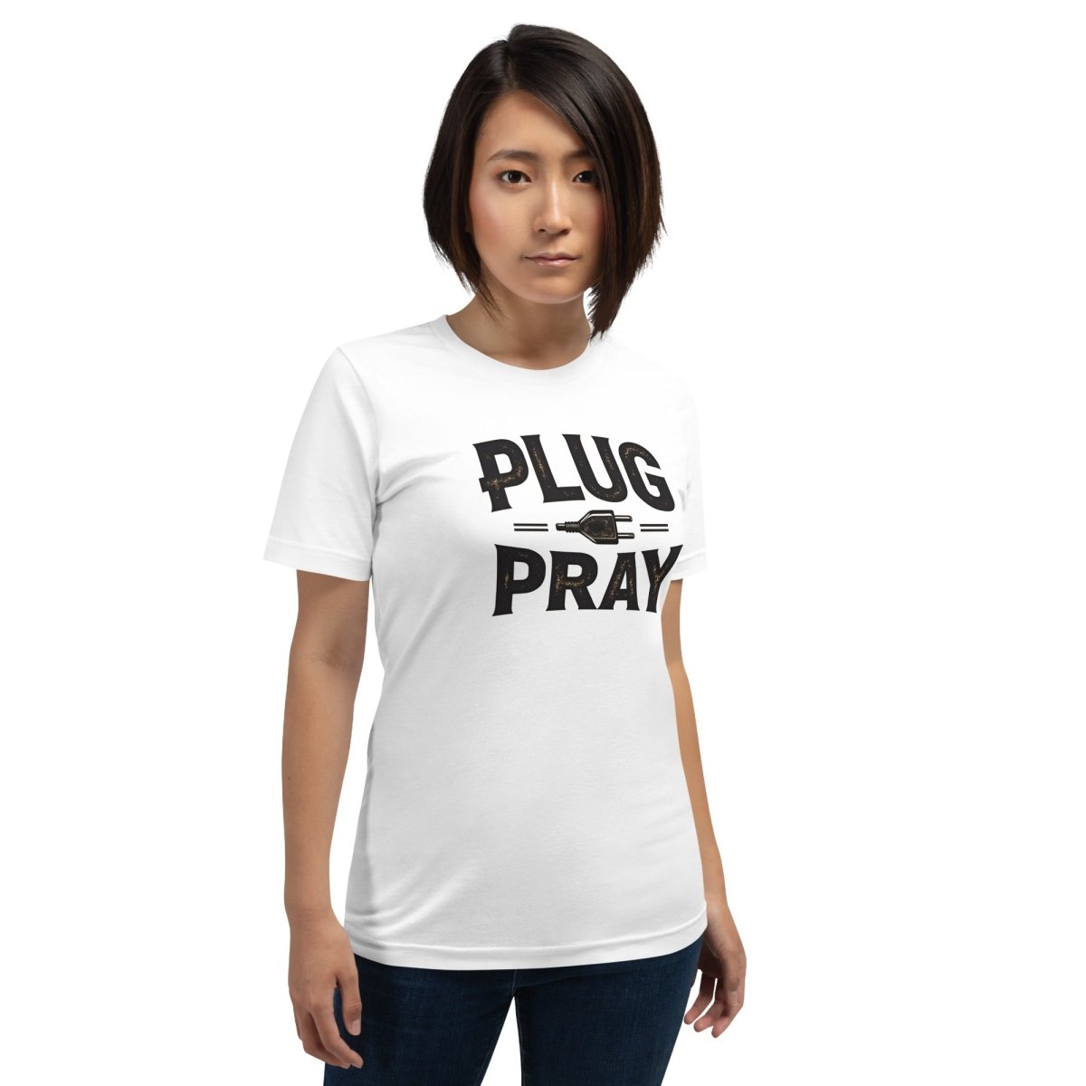 Woman in white T-shirt with ‘Plug Pray’ text and plug icon for electrical engineers