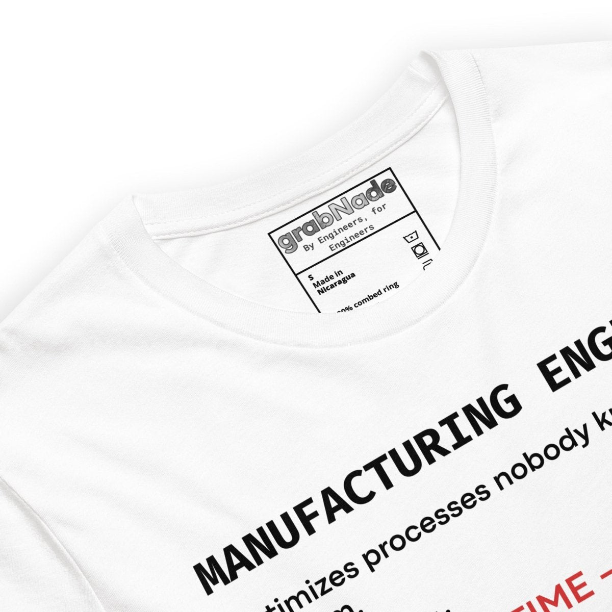 Close up of white t-shirt with "Manufacturing Engineer" definition featuring OEE and root cause terminology.