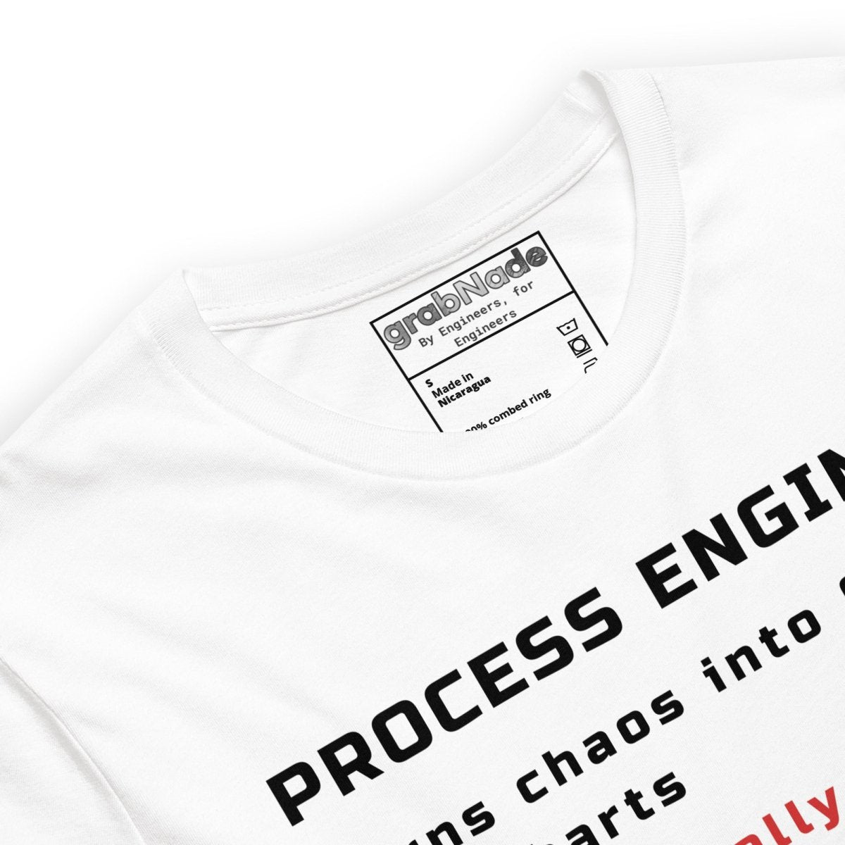 Close up of white t-shirt with "Process Engineer. Turns chaos into Gantt & flowcharts" definition text.