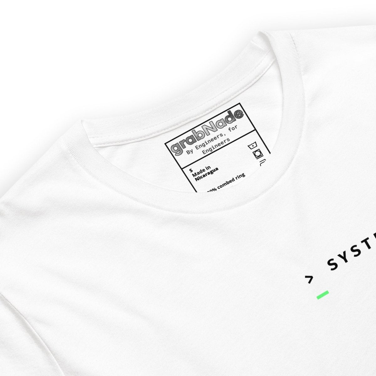 Close up of white t-shirt front "> System_Ready" back diagnostic screen with "Meeting_Capacity: 0 MB".