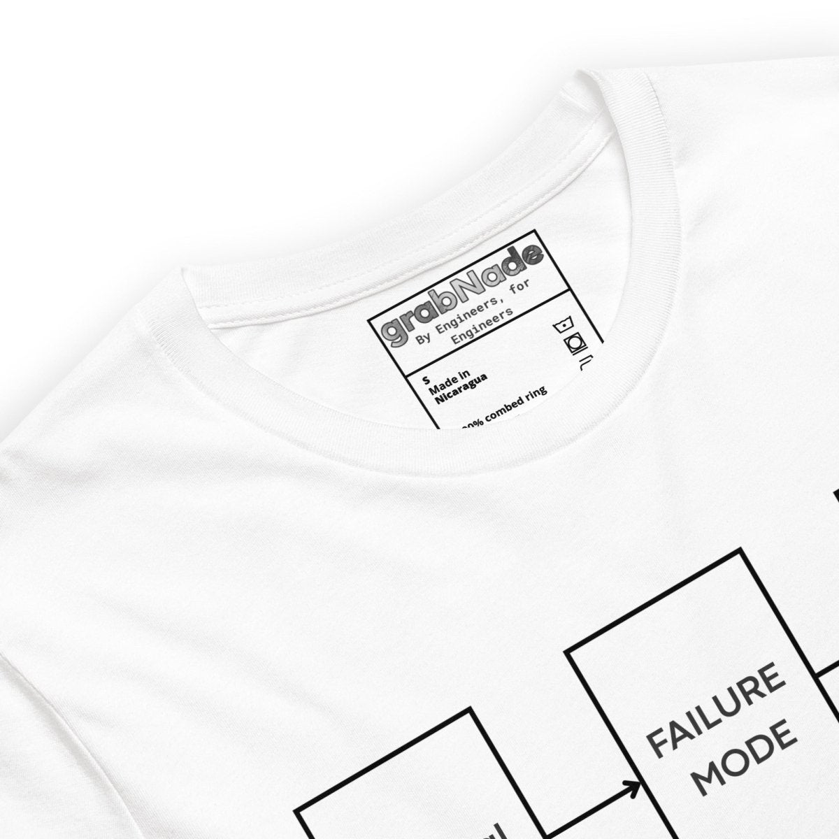 Close up of white t-shirt featuring failure mode flowchart ending "ROOT CAUSE: ELIMINATED ✓".
