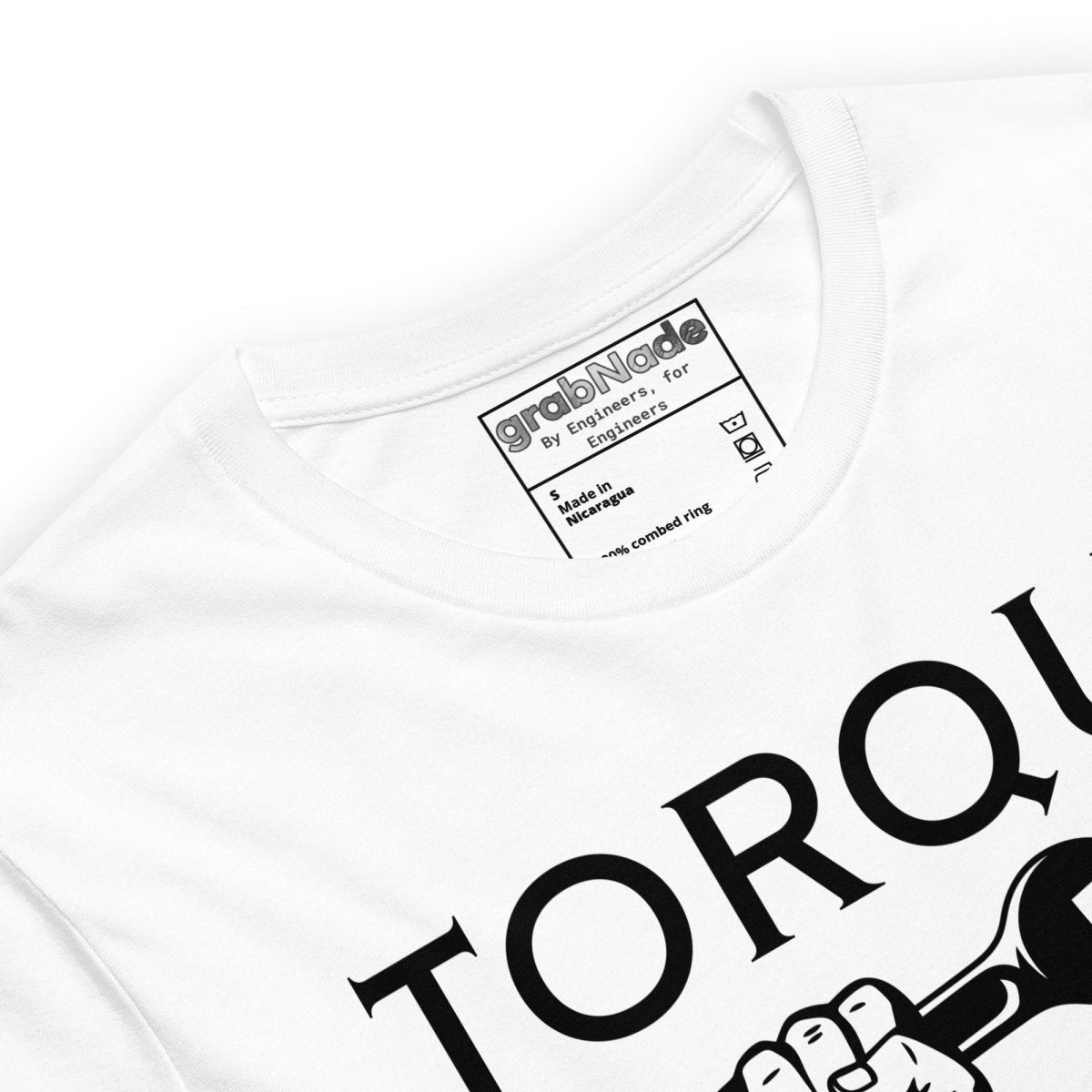 Close up of white t-shirt "TORQUE IT UP" with small screw overtighten vs big bolt undertighten warning.