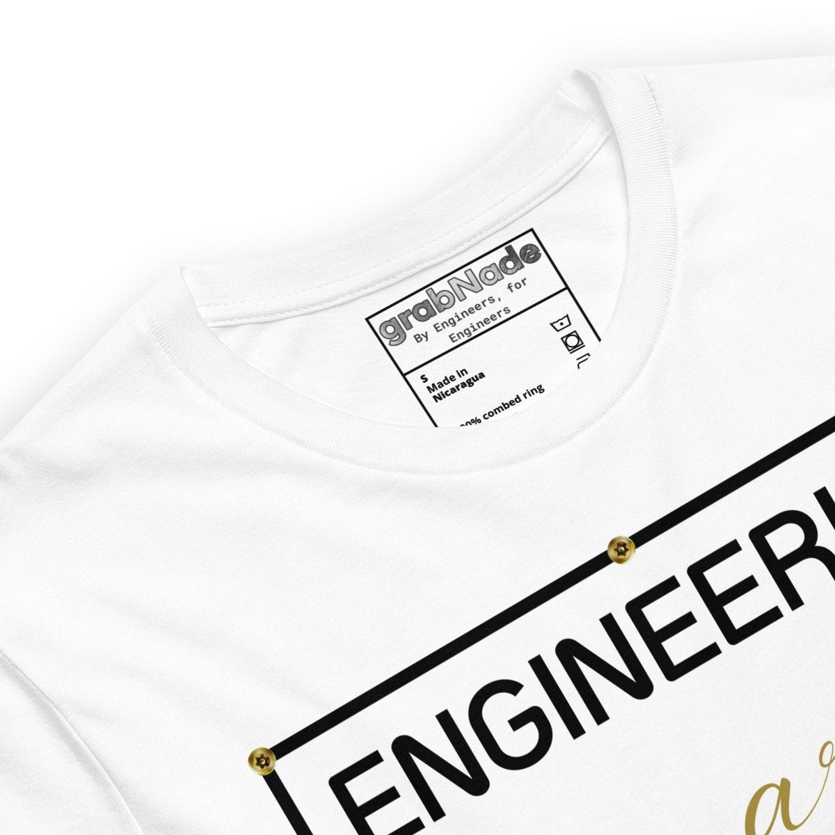 Close up of white minimalist t-shirt featuring "ENGINEERING IS ART" technical typography design.