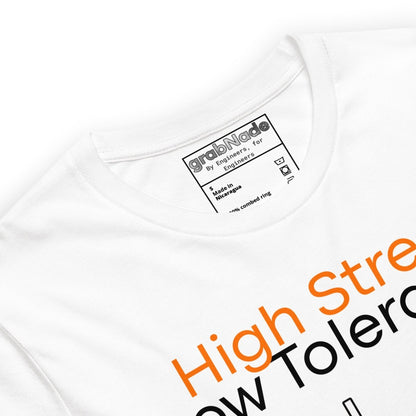 Close up of white t-shirt. High Stress Low Tolerance injection molding machine with 120 tons, ±0.00025", 235°C.