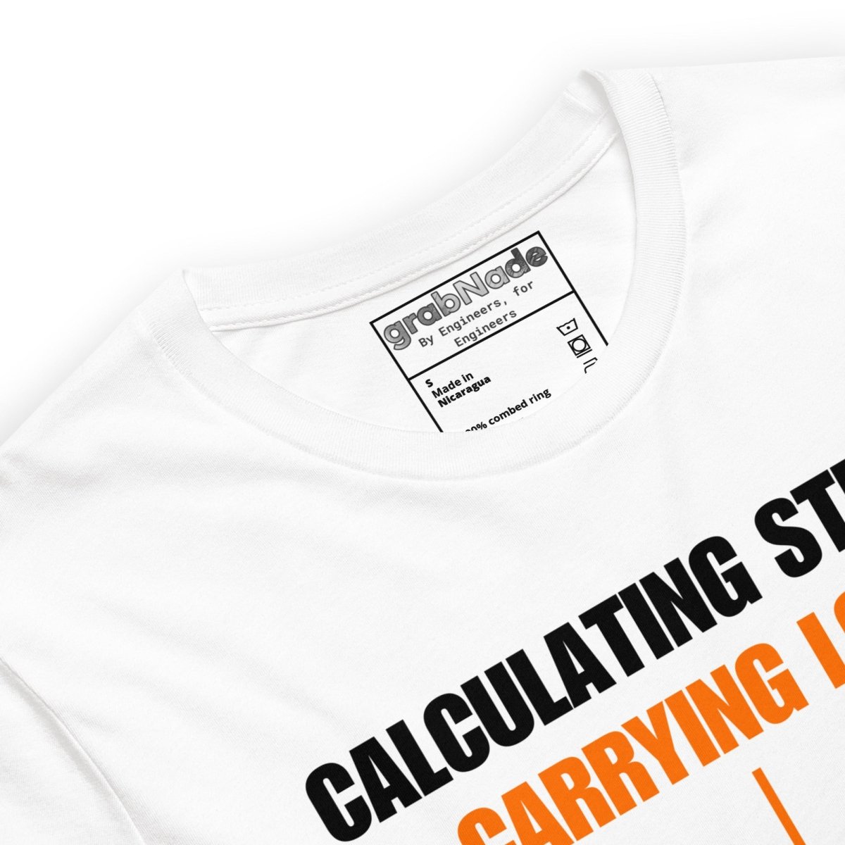 Close up of white t-shirt “Calculating Stress Load” with an arrow and a bent beam for mechanics engineers.
