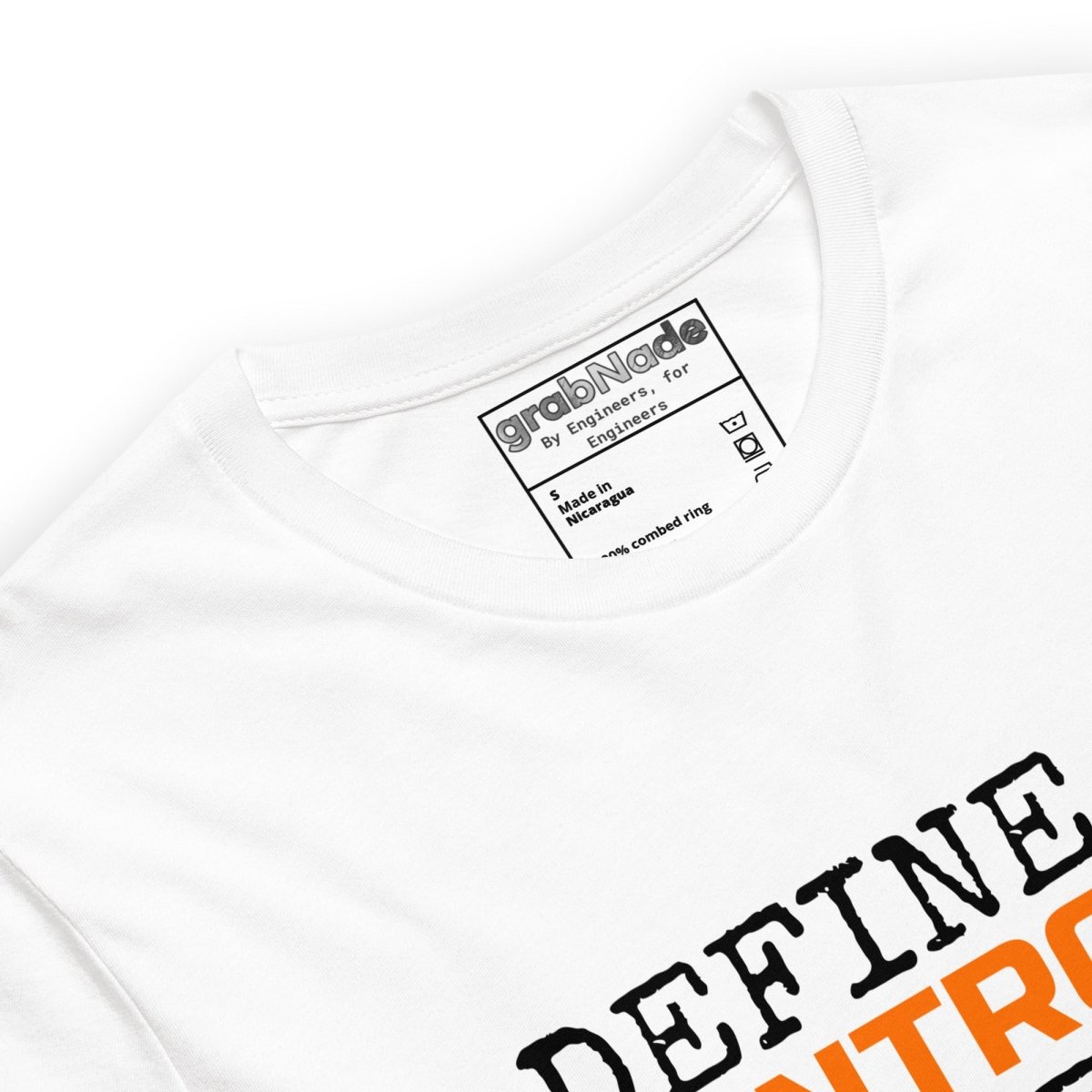 Close up of white t-shirt featuring the text "Define It. Control It. Document It" for QA engineers.