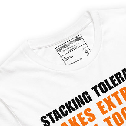 Close up of white t-shirt featuring a CAD blueprint graphic and stacking tolerances text for engineers.