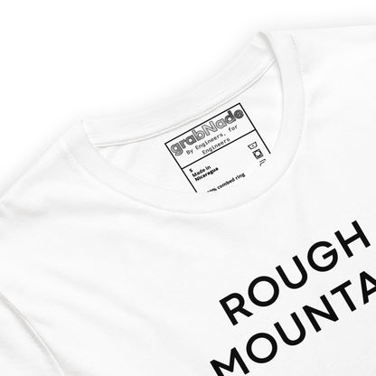 Close up of white tee featuring an Rz 300 surface profile mountain graphic and "Peak to Valley" text.
