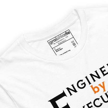 Close up of white premium Combed ring-spun cotton tee with “Engineer by Execution” text.