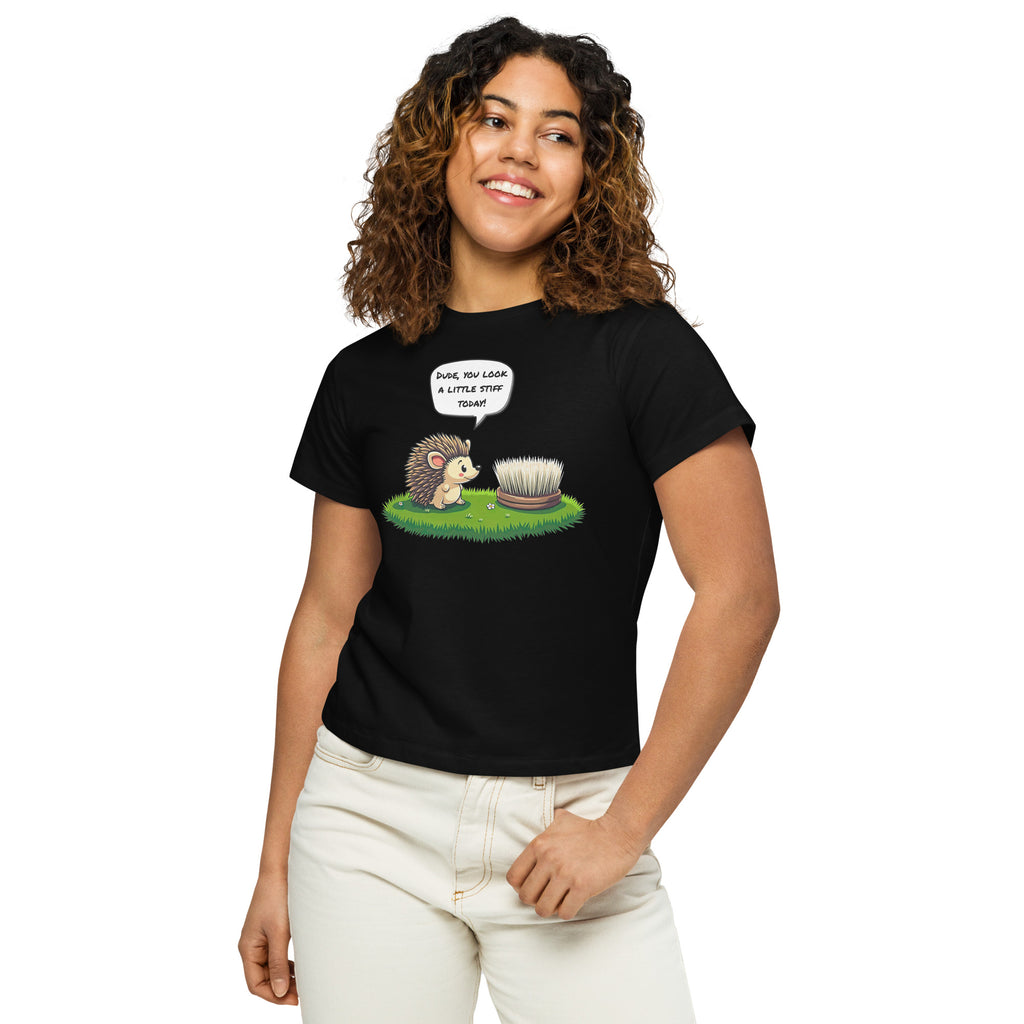 Product mockup. Close-up, front view of a woman in a black high-waisted t-shirt with a playful hedgehog and scrubbing brush design. She has curly hair, is smiling, and wears light-colored jeans, posing against a white background.