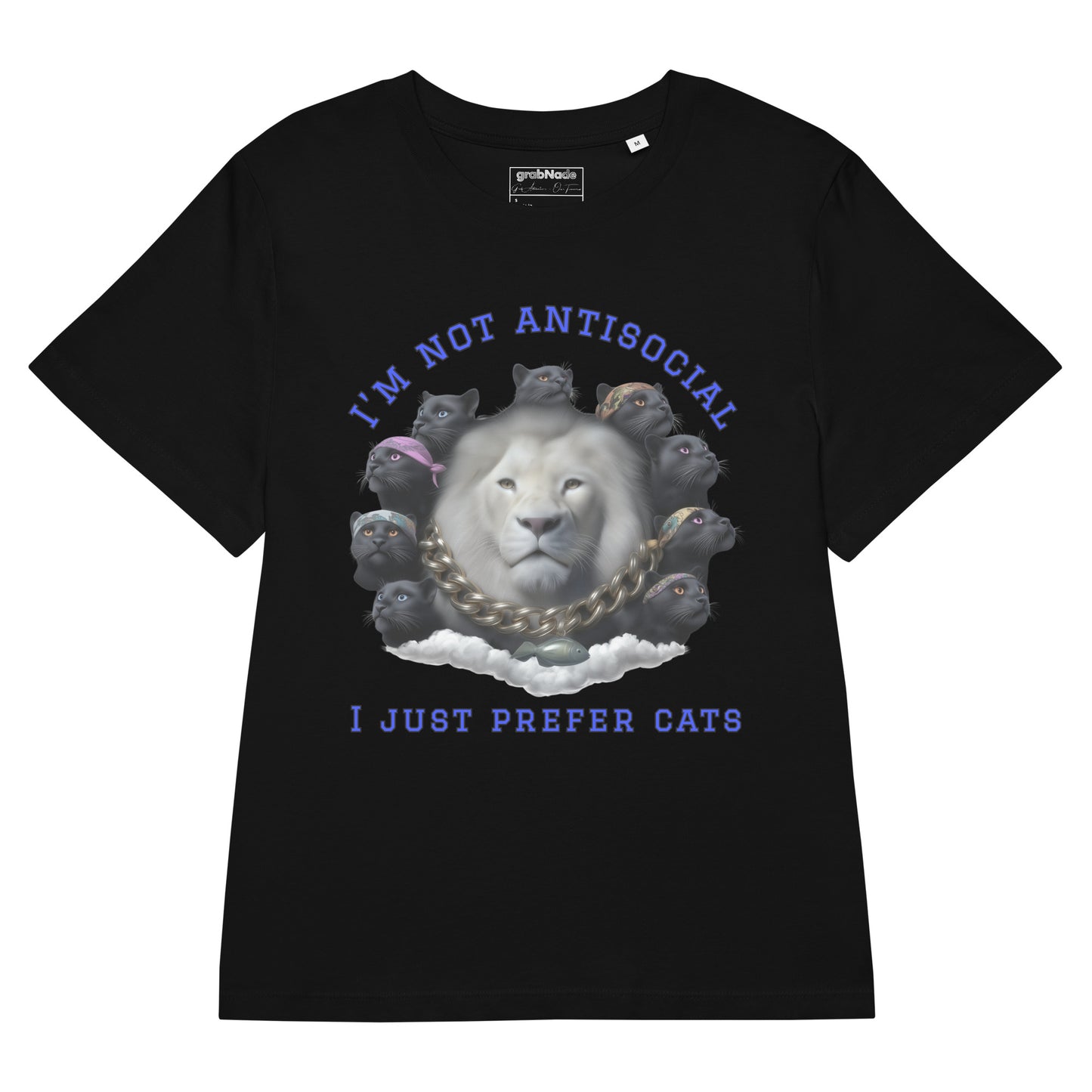 Product mockup. A black organic cotton t-shirt with a striking front graphic featuring a large white lion's head surrounded by a circle of black panthers wearing colorful bandanas. Above and below the image, in bold blue text, it reads, 'I'M NOT ANTISOCIAL' and 'I JUST PREFER CATS.