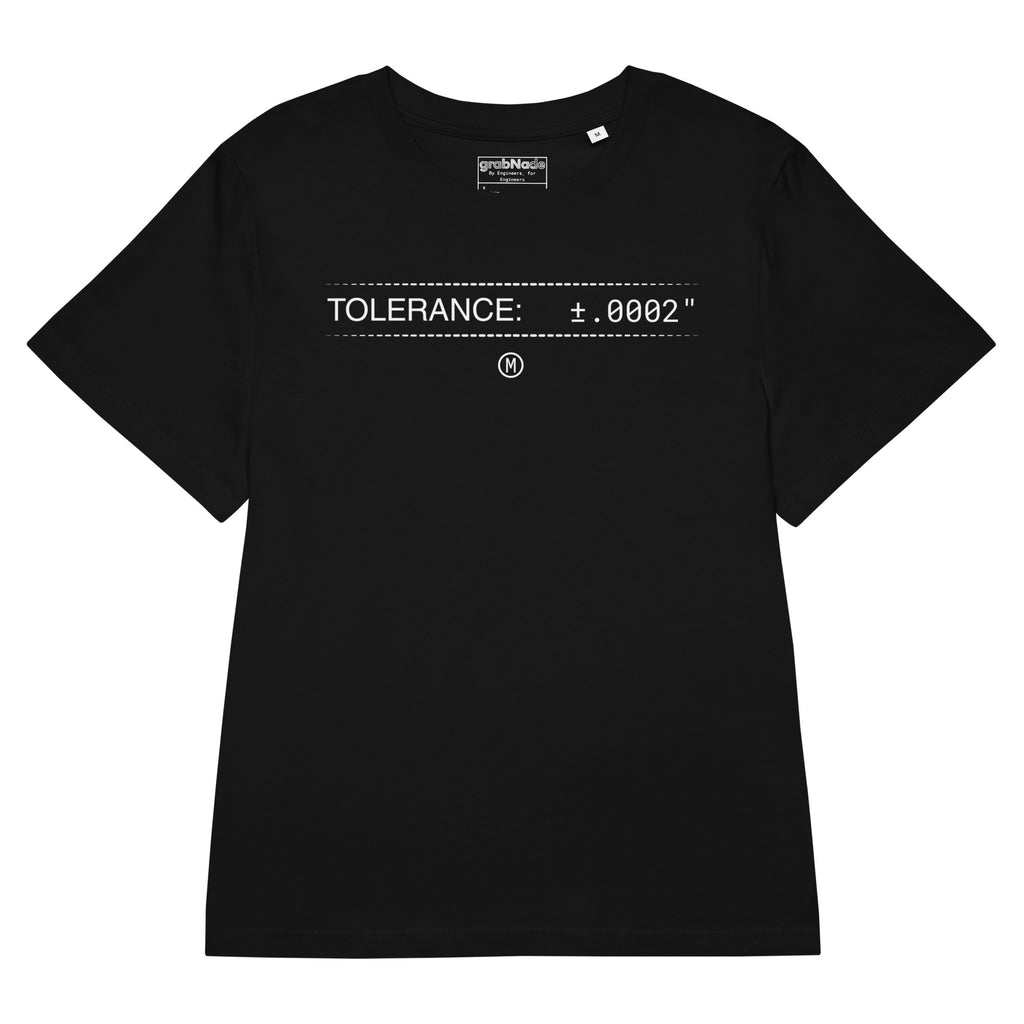 Woman in black premium GOTS t-shirt with white text "TOLERANCE: ±.0002" and GD&T symbol for mechanical engineers.