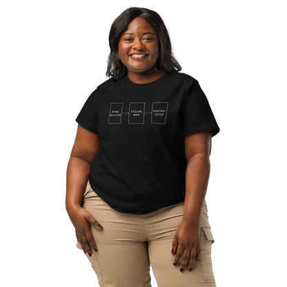 2XL woman in black organic premium tee with white flowchart "FAILURE MODE" design for problem solvers.