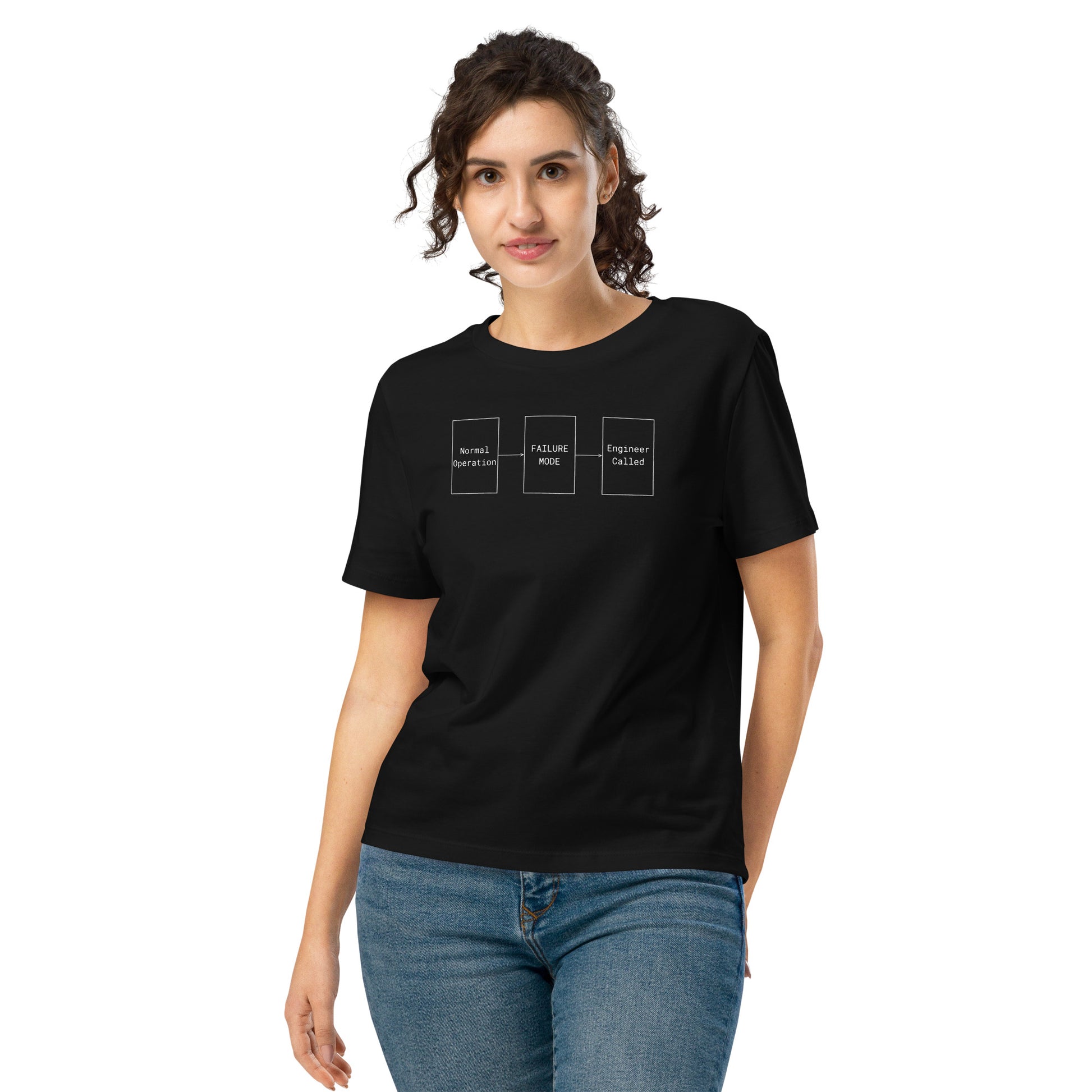 Woman in black organic premium tee with white flowchart "FAILURE MODE" design for problem solvers.