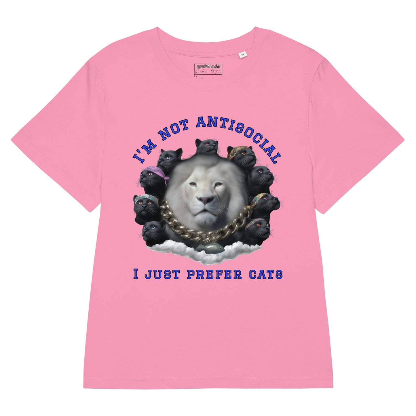 Product mockup. A pink organic cotton t-shirt with a striking front graphic featuring a large white lion's head surrounded by a circle of black panthers wearing colorful bandanas. Above and below the image, in bold blue text, it reads, 'I'M NOT ANTISOCIAL' and 'I JUST PREFER CATS.