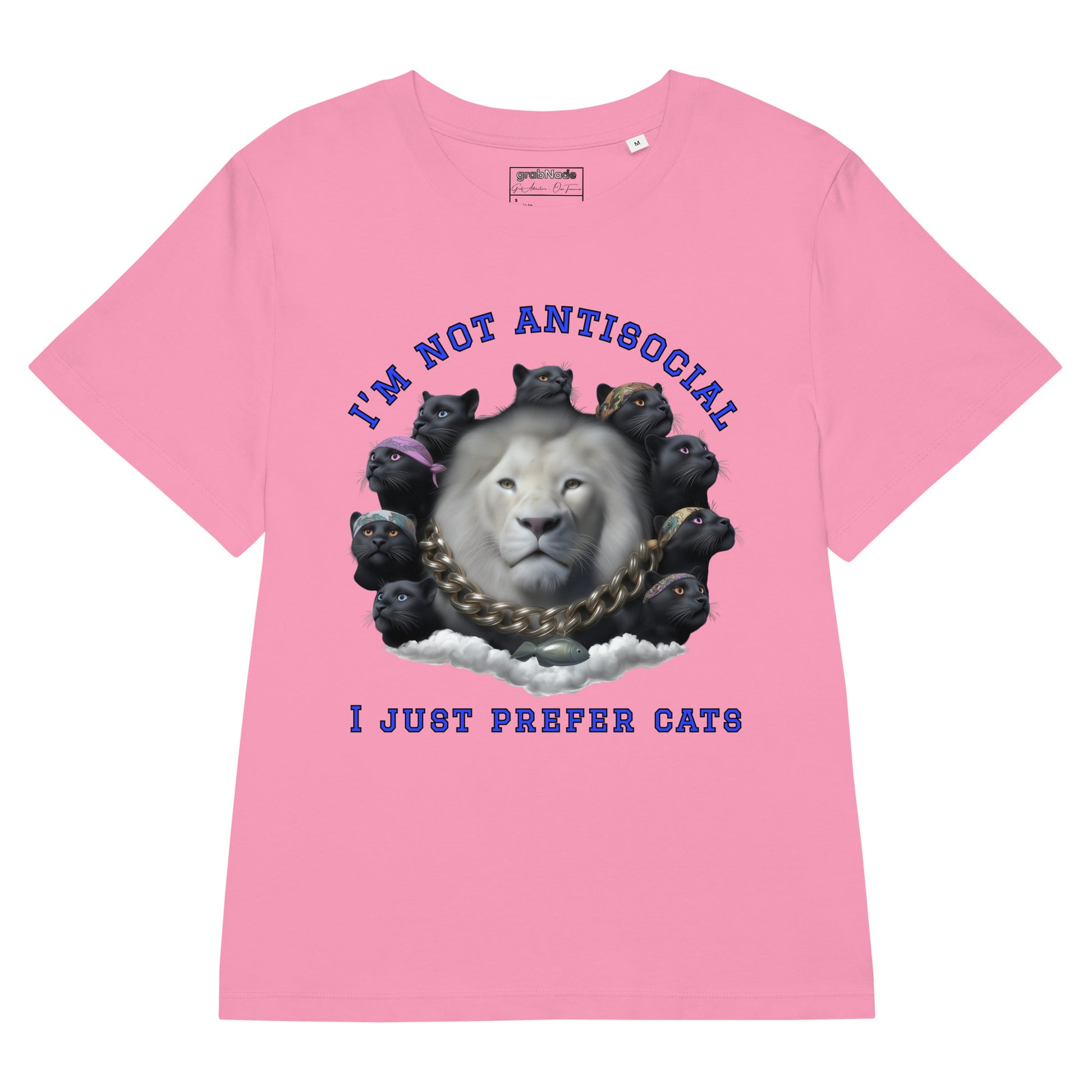 Product mockup. A pink organic cotton t-shirt with a striking front graphic featuring a large white lion's head surrounded by a circle of black panthers wearing colorful bandanas. Above and below the image, in bold blue text, it reads, 'I'M NOT ANTISOCIAL' and 'I JUST PREFER CATS.