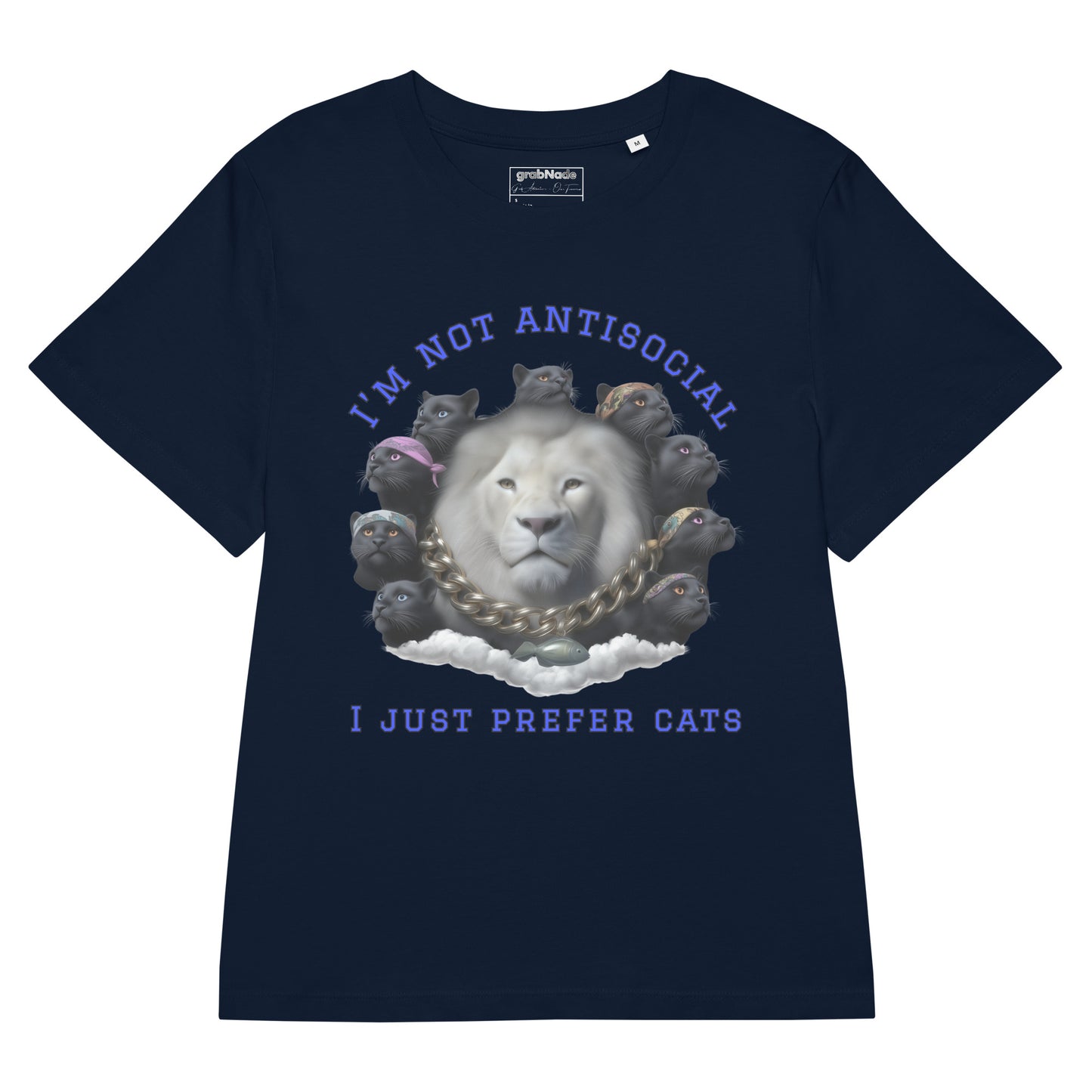 Product mockup. A navy blue organic cotton t-shirt with a striking front graphic featuring a large white lion's head surrounded by a circle of black panthers wearing colorful bandanas. Above and below the image, in bold blue text, it reads, 'I'M NOT ANTISOCIAL' and 'I JUST PREFER CATS.