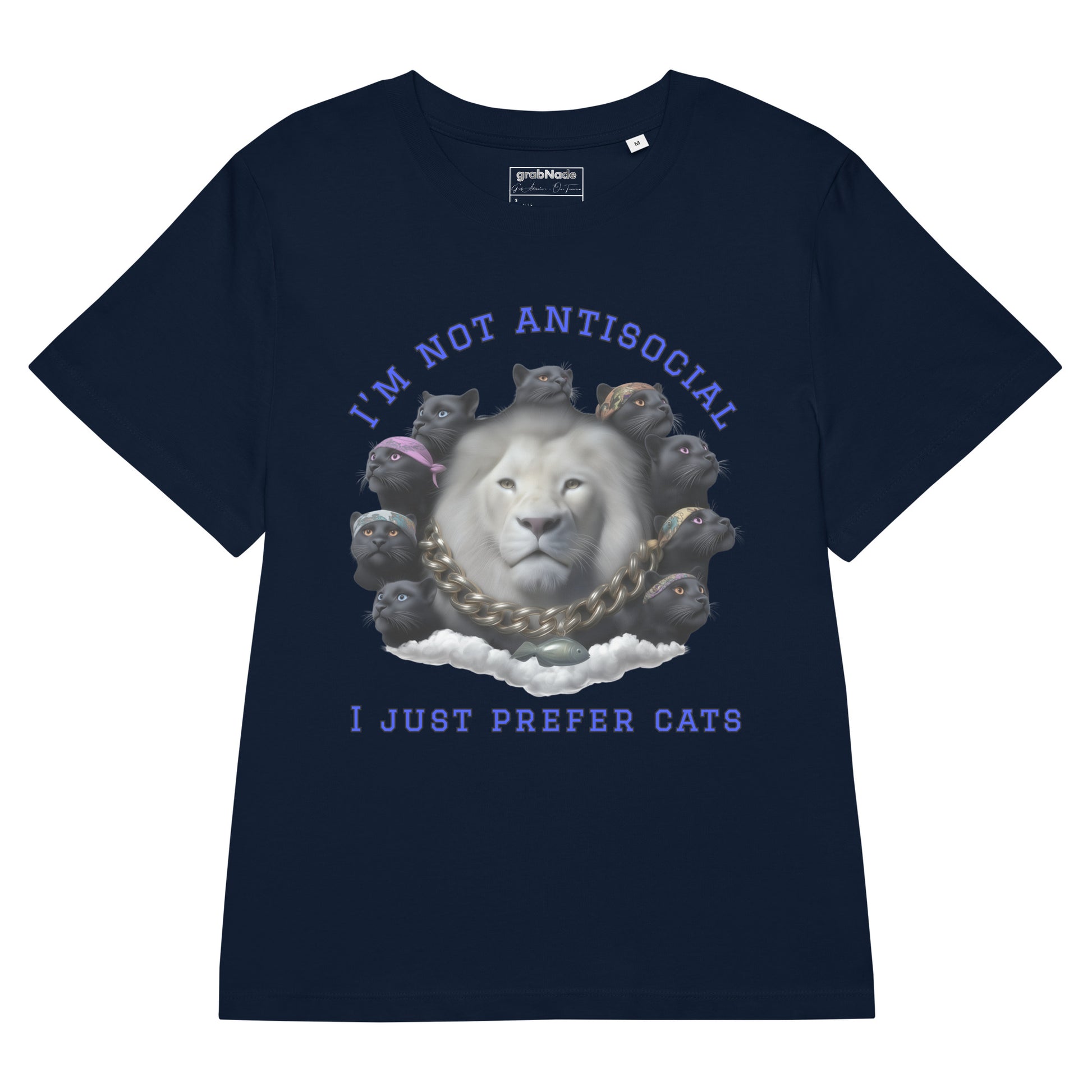 Product mockup. A navy blue organic cotton t-shirt with a striking front graphic featuring a large white lion's head surrounded by a circle of black panthers wearing colorful bandanas. Above and below the image, in bold blue text, it reads, 'I'M NOT ANTISOCIAL' and 'I JUST PREFER CATS.