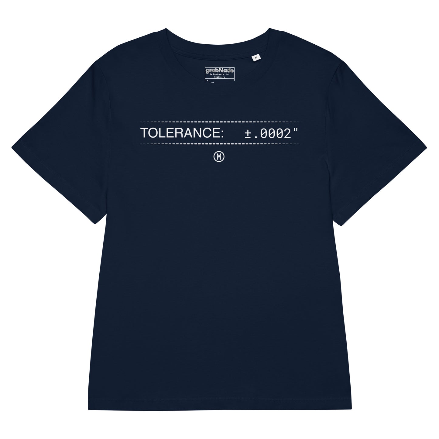 Woman in navy premium GOTS t-shirt with white text "TOLERANCE: ±.0002" and GD&T symbol for mechanical engineers.