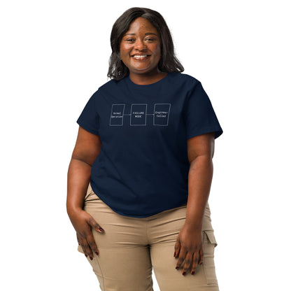 2XL woman in navy organic premium tee with white flowchart "FAILURE MODE" design for problem solvers.