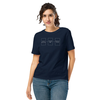Womanin navy organic premium tee with white flowchart "FAILURE MODE" design for problem solvers.