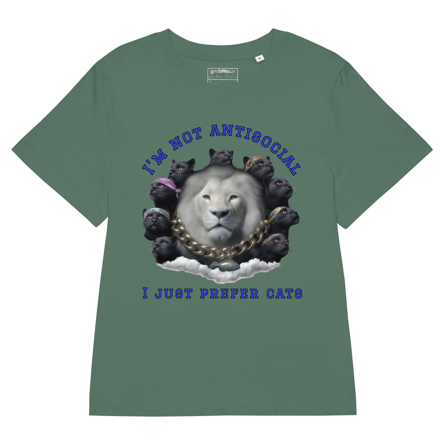 Product mockup. A green organic cotton t-shirt with a striking front graphic featuring a large white lion's head surrounded by a circle of black panthers wearing colorful bandanas. Above and below the image, in bold blue text, it reads, 'I'M NOT ANTISOCIAL' and 'I JUST PREFER CATS.