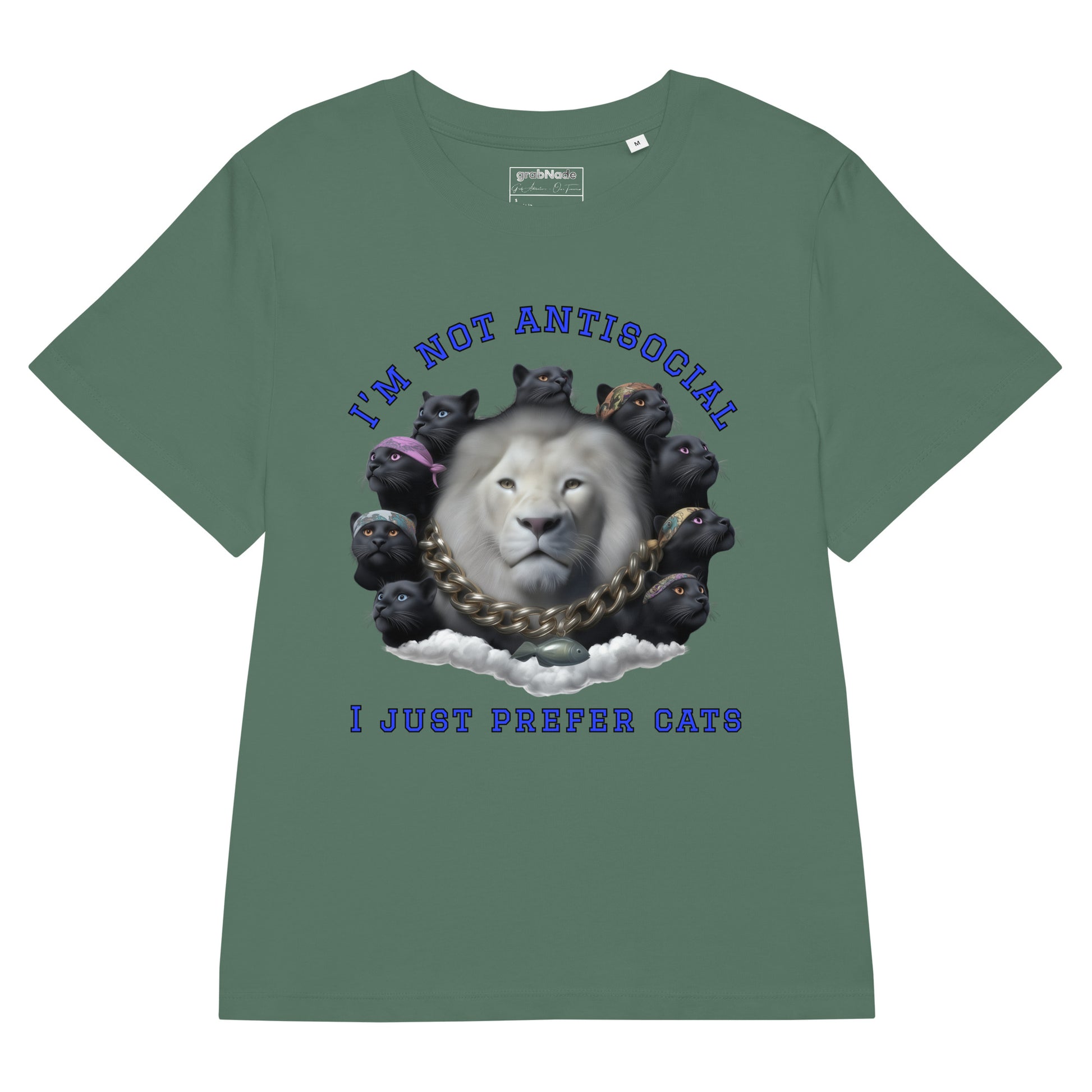 Product mockup. A green organic cotton t-shirt with a striking front graphic featuring a large white lion's head surrounded by a circle of black panthers wearing colorful bandanas. Above and below the image, in bold blue text, it reads, 'I'M NOT ANTISOCIAL' and 'I JUST PREFER CATS.