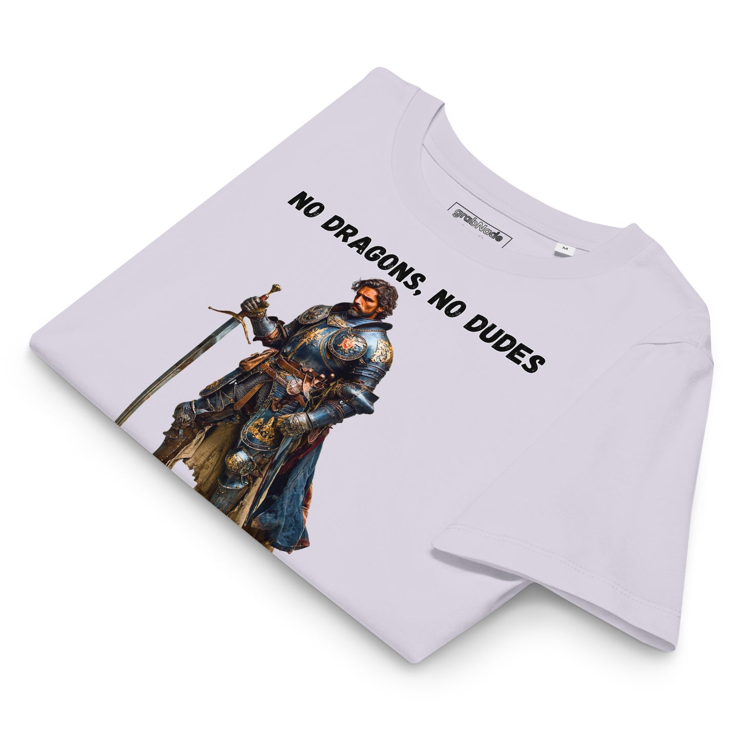 Product mockup. Folded organic premium lavender t-shirt featuring warrior knight in detailed armor holding sword with bold black text above and below stating 'NO DRAGONS, NO DUDES'.