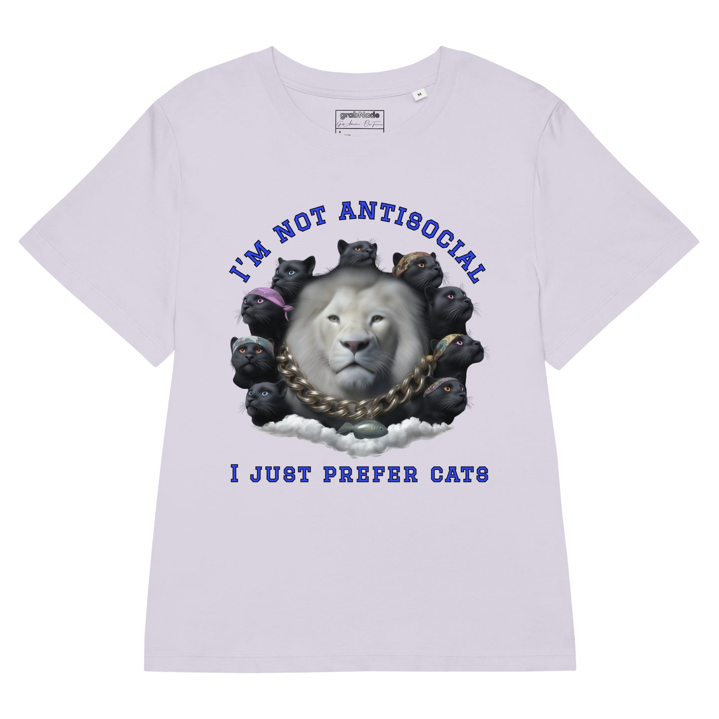 Product mockup. A lavender organic cotton t-shirt with a striking front graphic featuring a large white lion's head surrounded by a circle of black panthers wearing colorful bandanas. Above and below the image, in bold blue text, it reads, 'I'M NOT ANTISOCIAL' and 'I JUST PREFER CATS.