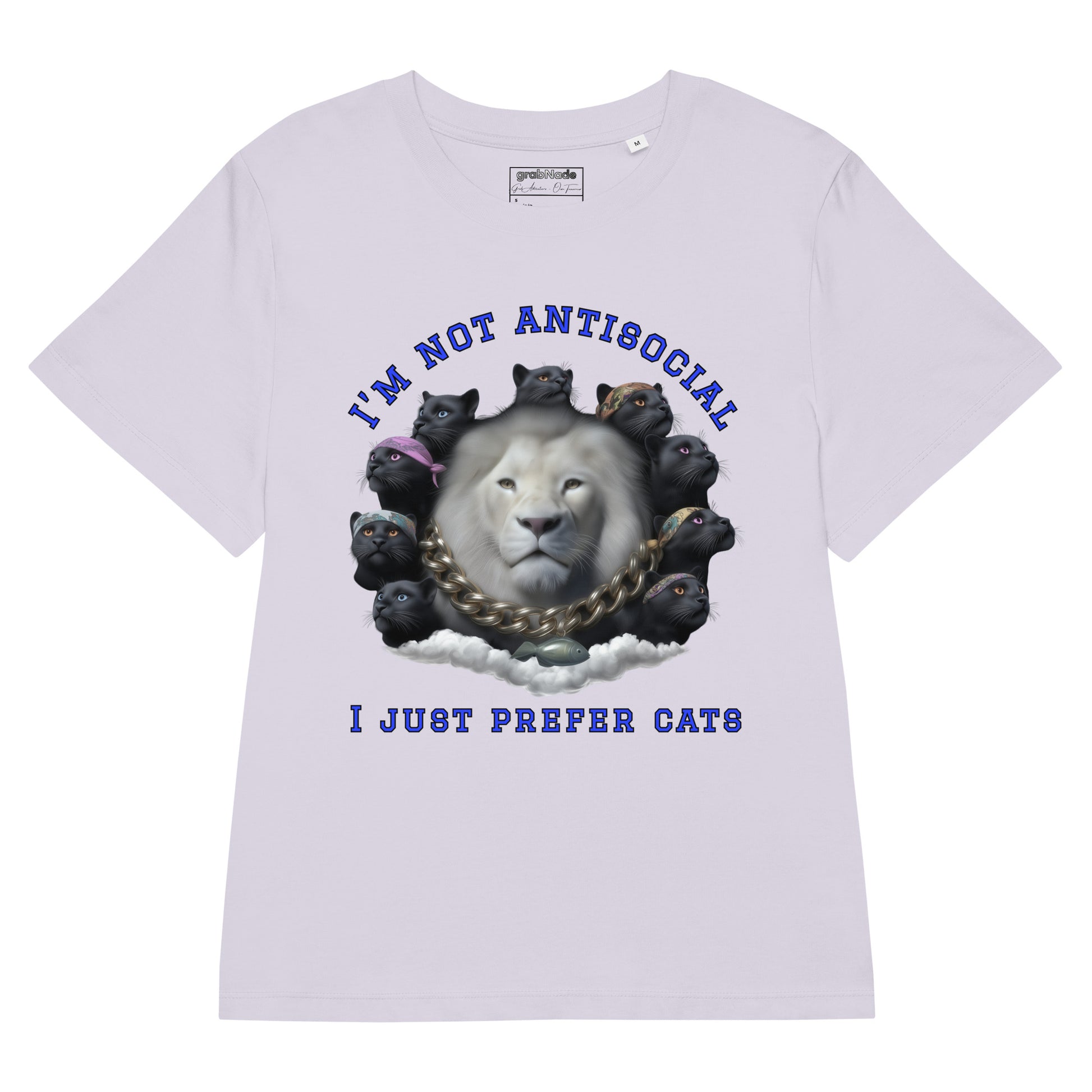 Product mockup. A lavender organic cotton t-shirt with a striking front graphic featuring a large white lion's head surrounded by a circle of black panthers wearing colorful bandanas. Above and below the image, in bold blue text, it reads, 'I'M NOT ANTISOCIAL' and 'I JUST PREFER CATS.