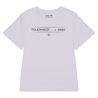 Organic lavender premium t-shirt with text "TOLERANCE: ±.0002" for mechanical engineers.