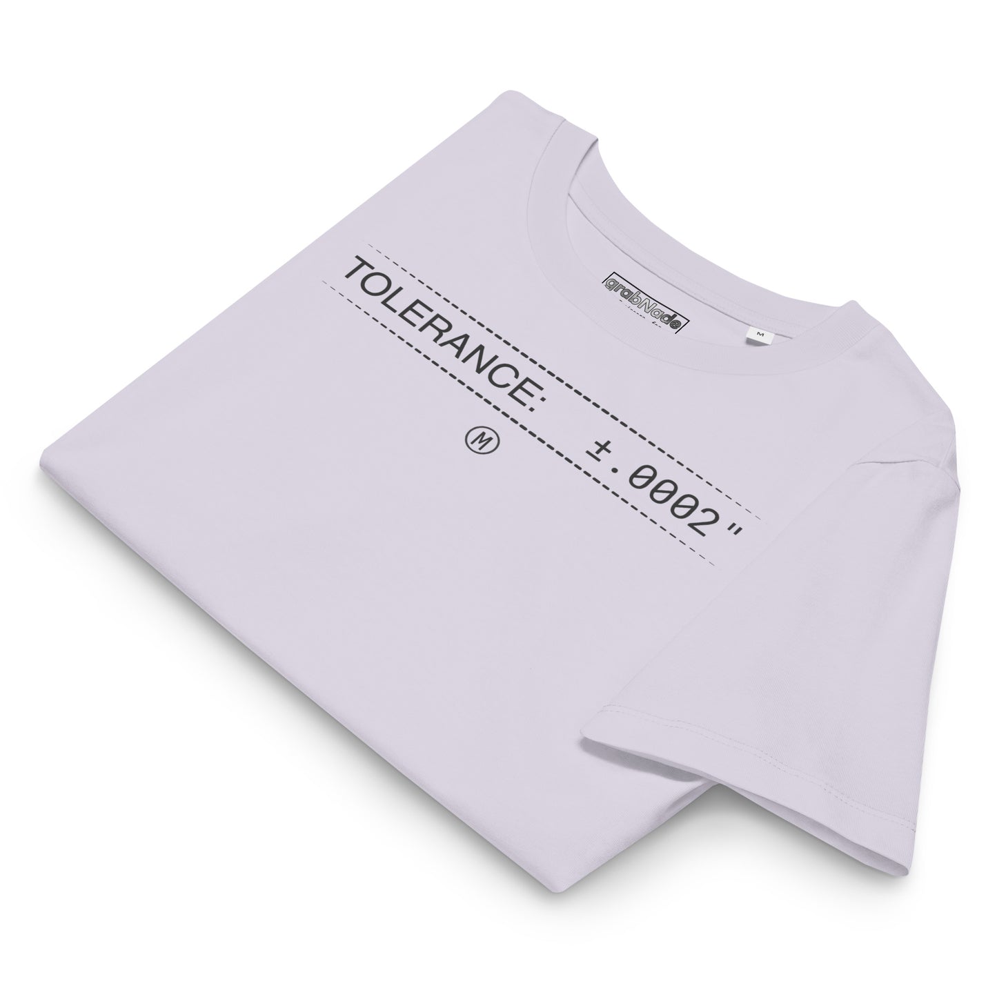 Folded organic lavender premium t-shirt with text "TOLERANCE: ±.0002" for mechanical engineers.