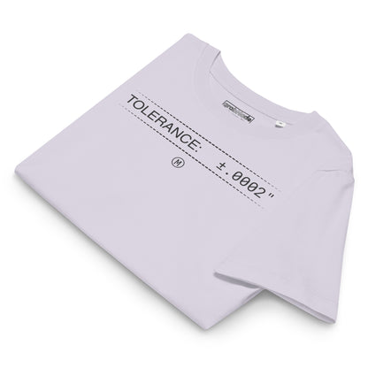 Folded organic lavender premium t-shirt with text "TOLERANCE: ±.0002" for mechanical engineers.