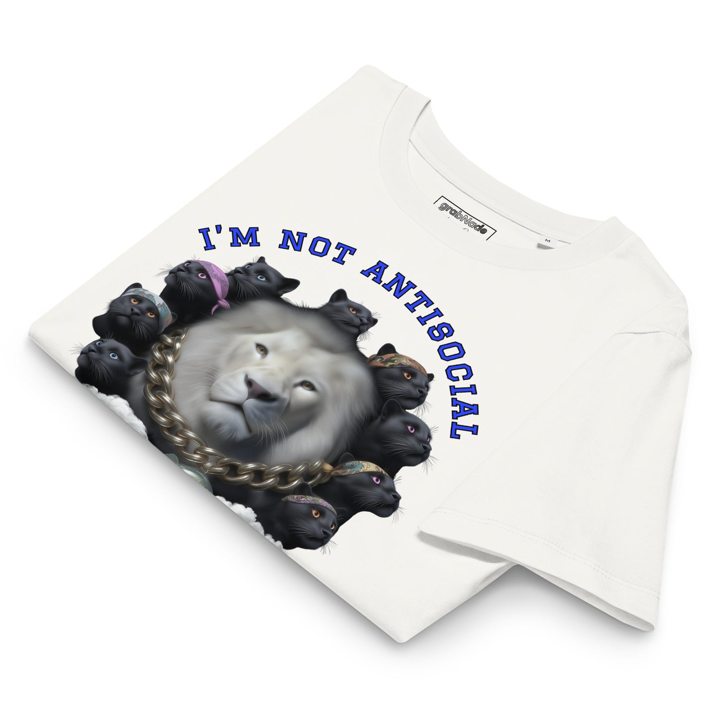 Product mockup. A folded off white organic cotton t-shirt with a bold graphic on the front showing a large white lion's head surrounded by a circle of black panthers wearing colorful bandanas. Above the image, arched blue text reads, 'I'M NOT ANTISOCIAL.