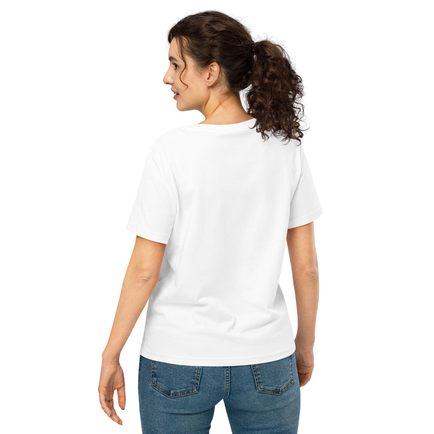 Product mockup. A woman shown from behind wearing a plain white organic cotton t-shirt with short sleeves. The shirt has a relaxed fit, and no design or graphics appear on the back. She is also wearing blue jeans pants.